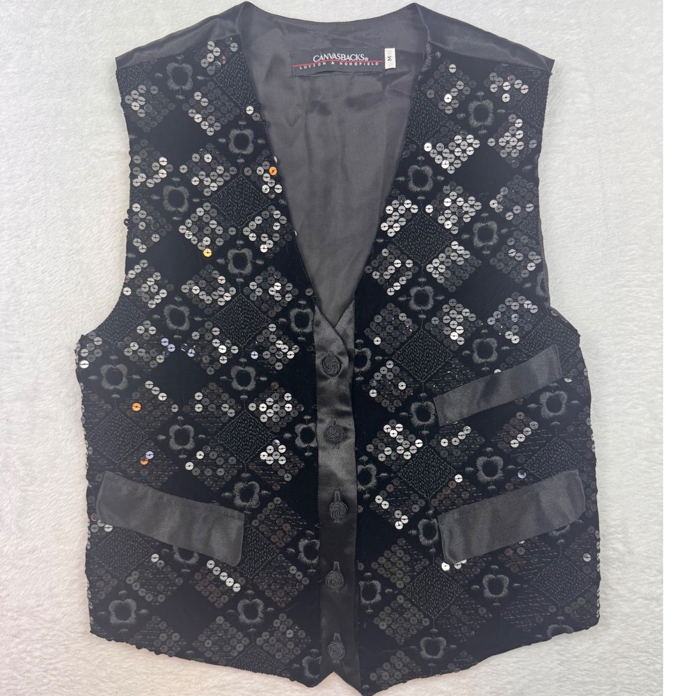 Canvasbacks Lutton & Horsfield Womens Black Velvet Sequin Beaded Vest Sz M 3508